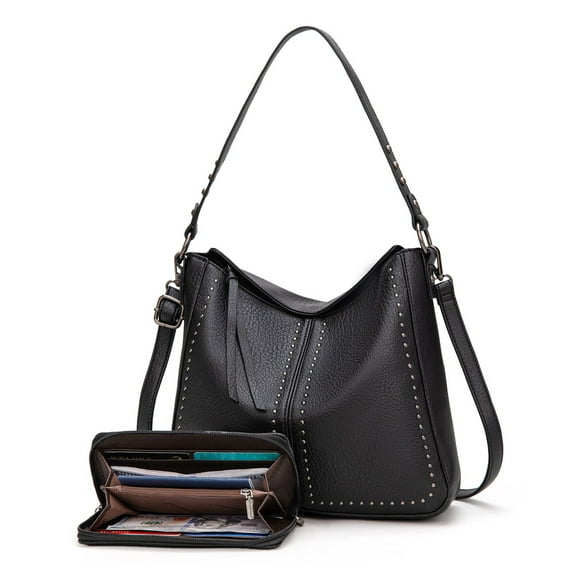 Montana West Purse and Wallet 2Pcs Set Hobo Crossbody Bag for Women Shoulder Handbags with Adjustable Strap, Black
