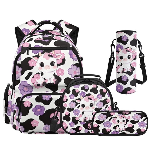 HUIACONG 17" Floral Cow Girls School Backpack 4PCS Set, Aesthetic Bookbag with Insulated Lunch Box for Kids Age 8-14