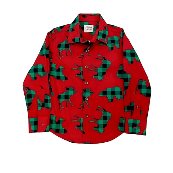 Mens Red Long Sleeve Button Down Plaid Animal Print Holiday Dress Shirt Medium