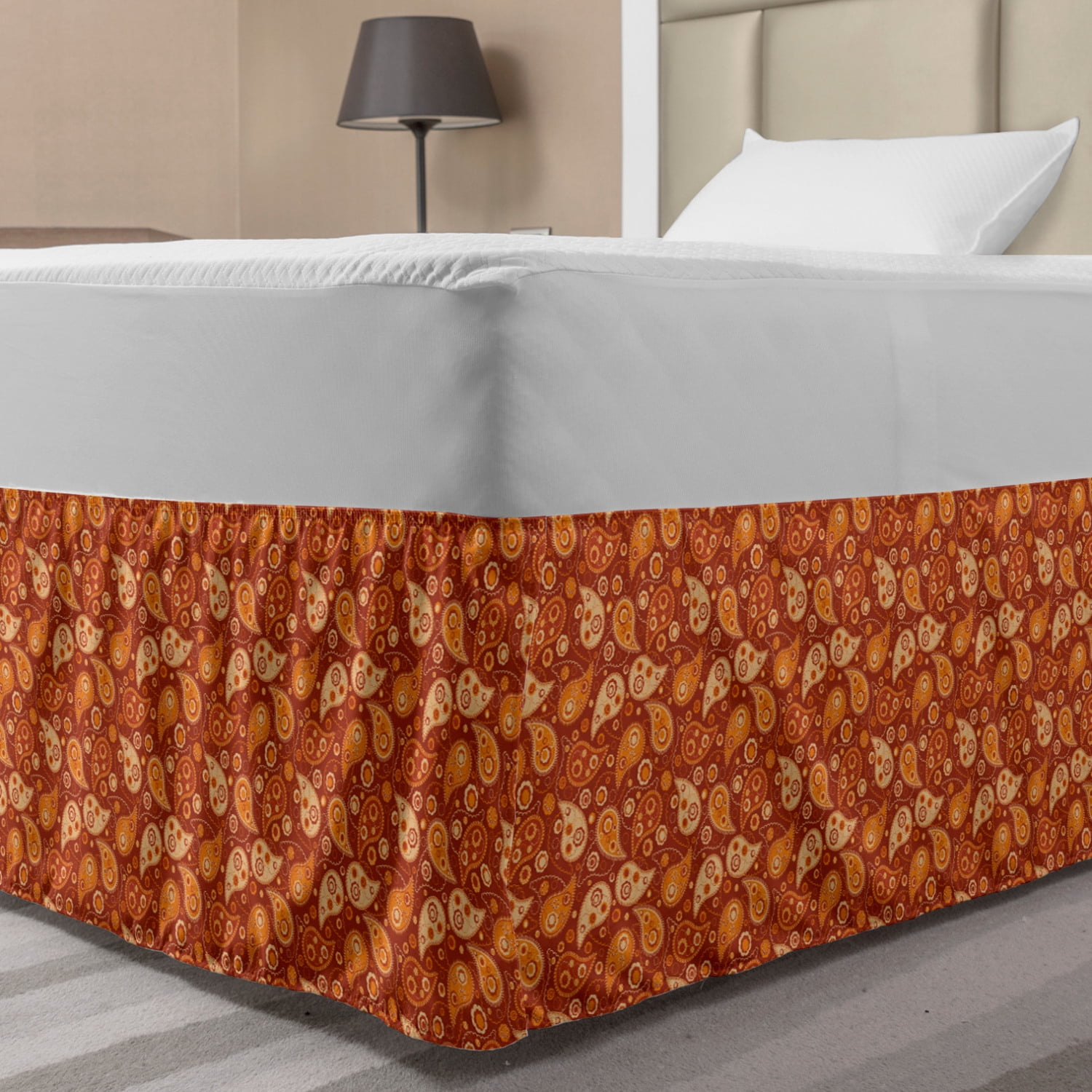 Orange Bed Skirt, Retro Style Pattern with Paisley and Flowers Ornate