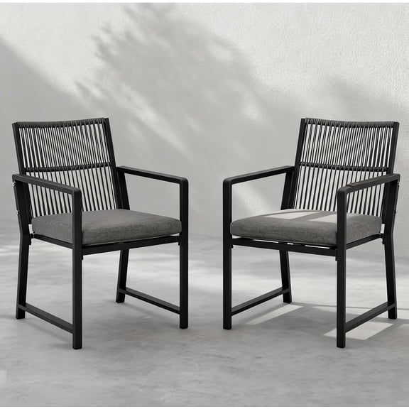 Patio Dining Chairs Set of 2 Metal Outdoor Chairs with Cushion Rattan Arm Chair Black