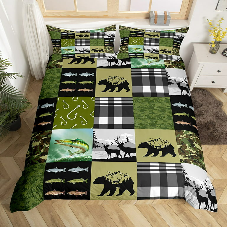 Bass Fishing Bedding Set Patchwork Camouflage Comforter Cover for Boys  Man,Wild Bear Elk Deer Duvet Cover Army Green Camo Queen Bed Set,Black and  White Checkered Buffalo Plaid Room Decor 
