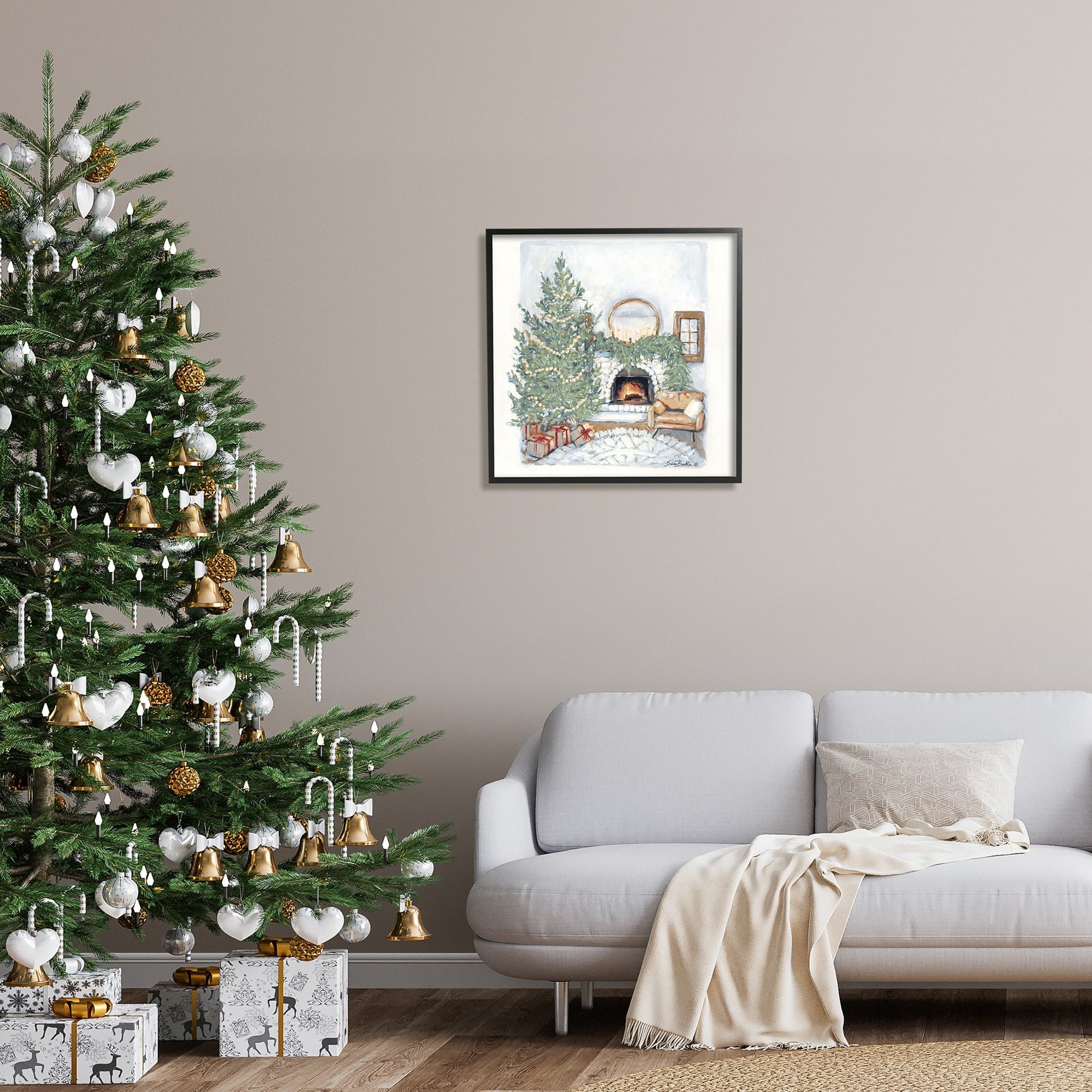 Cozy Christmas Night Gifts Decorated Fireplace Hearth Botanical & Floral Painting Framed Art Print Wall Art
