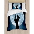 thumbnail image 3 of Halloween Duvet Cover Set Queen Size, Realistic Zombie Earth Soil Full Moon Bat Horror Story October Twilight Themed, Decorative 3 Piece Bedding Set with 2 Pillow Shams, Blue Black, by Ambesonne, 3 of 3