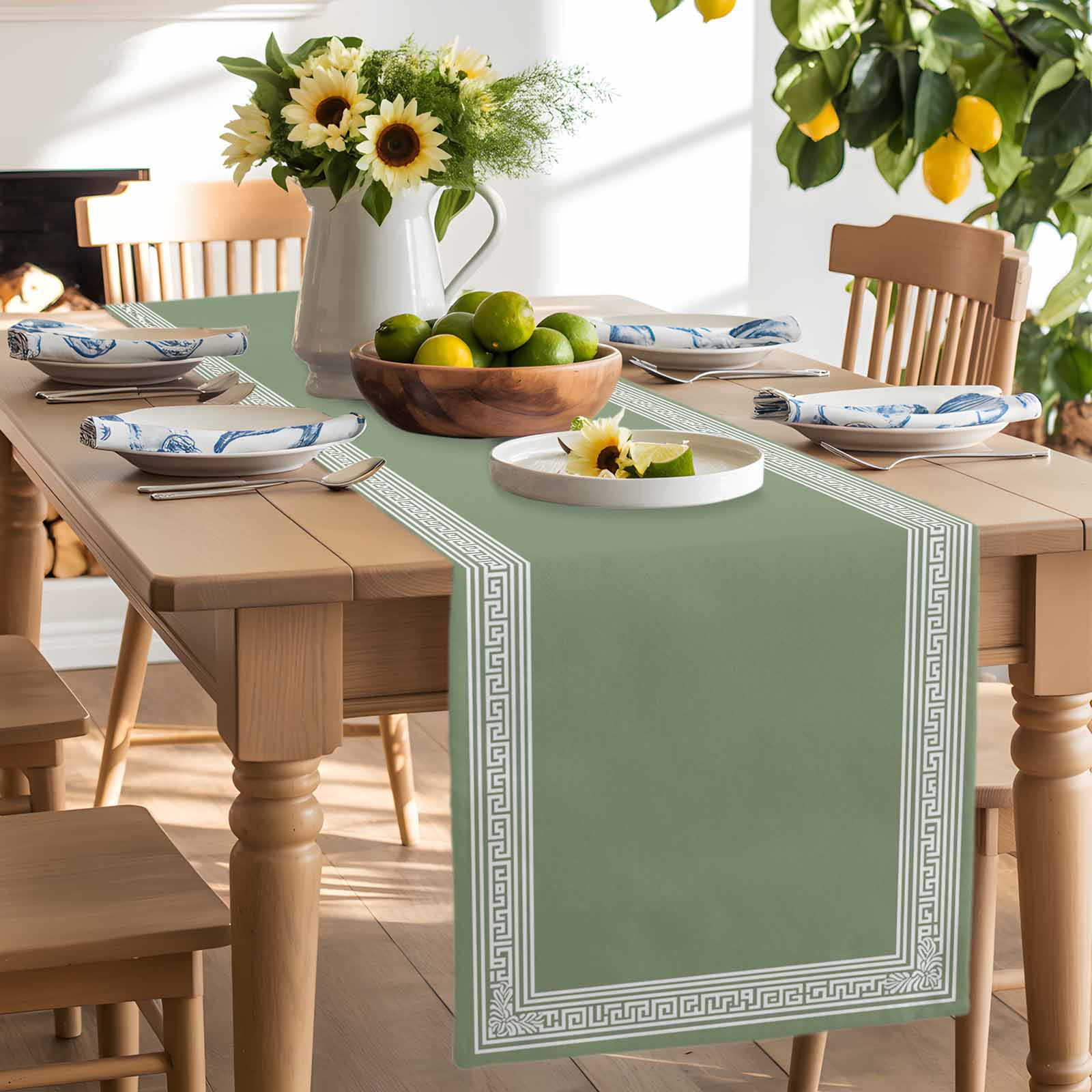 Table Runner 108 Inches Long for Kitchen Dining, Green Geometric Dresser Scarf Farmhouse, Dining Table Decorations for Wedding/Parties, White Greek Key Design Abstract Modern Art 13 x 108 In