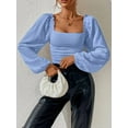 thumbnail image 5 of Women'S Square Neck Long Sleeve Crop Tops Puff Sleeve Ruched Blouse Blue S, 5 of 8