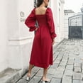 thumbnail image 4 of Vestido plisado de manga acampanada, cuello ancho, cintura alta, línea A, vestido largo de primavera para uso diario y en el trabajo, 4 of 6