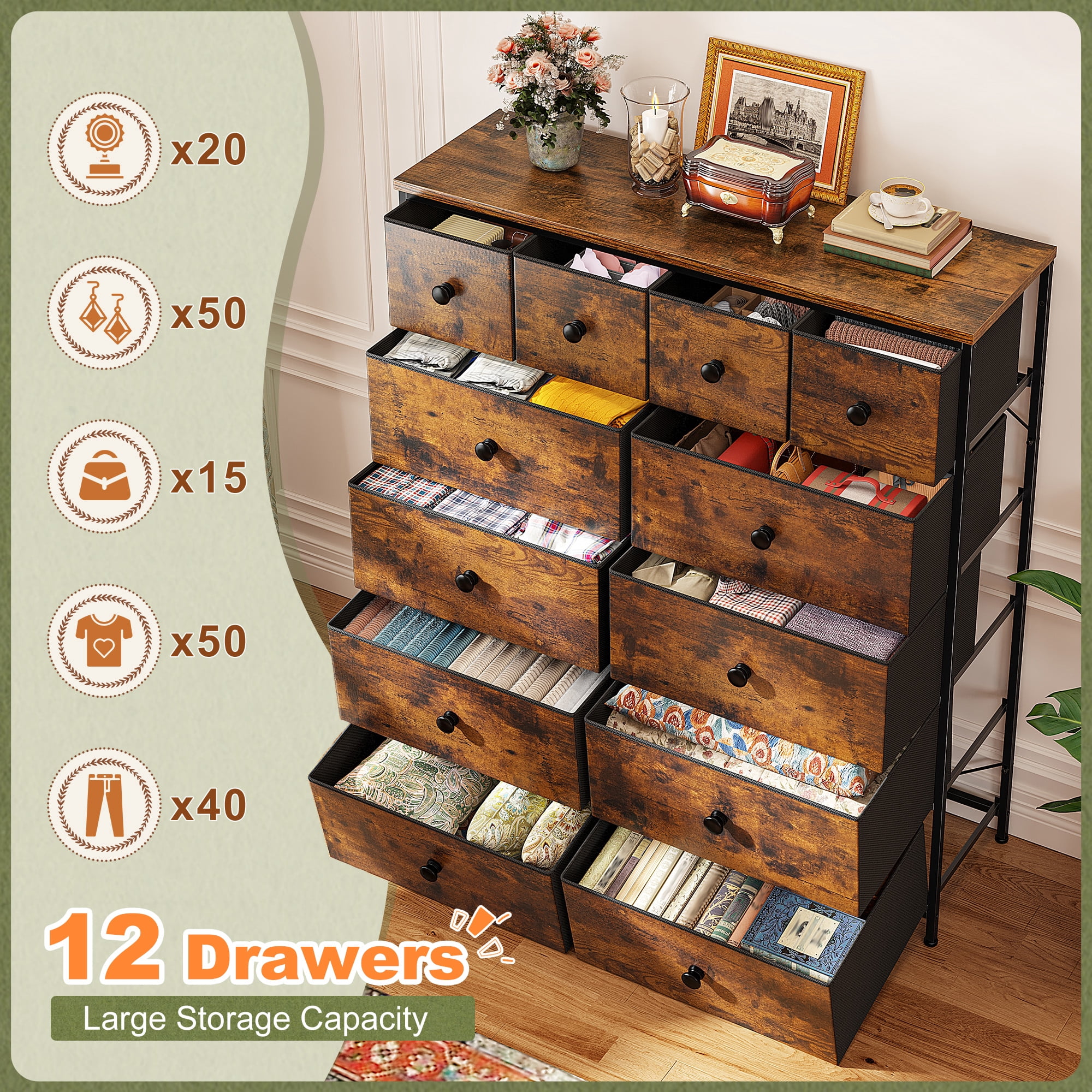 Romorgniz Tall Dresser for Bedroom with 12 Drawers Dresser for Closet Facric Dressers and Chests of Drawers, Sturdy Metal Frame, Wood Top, Rustic Brown