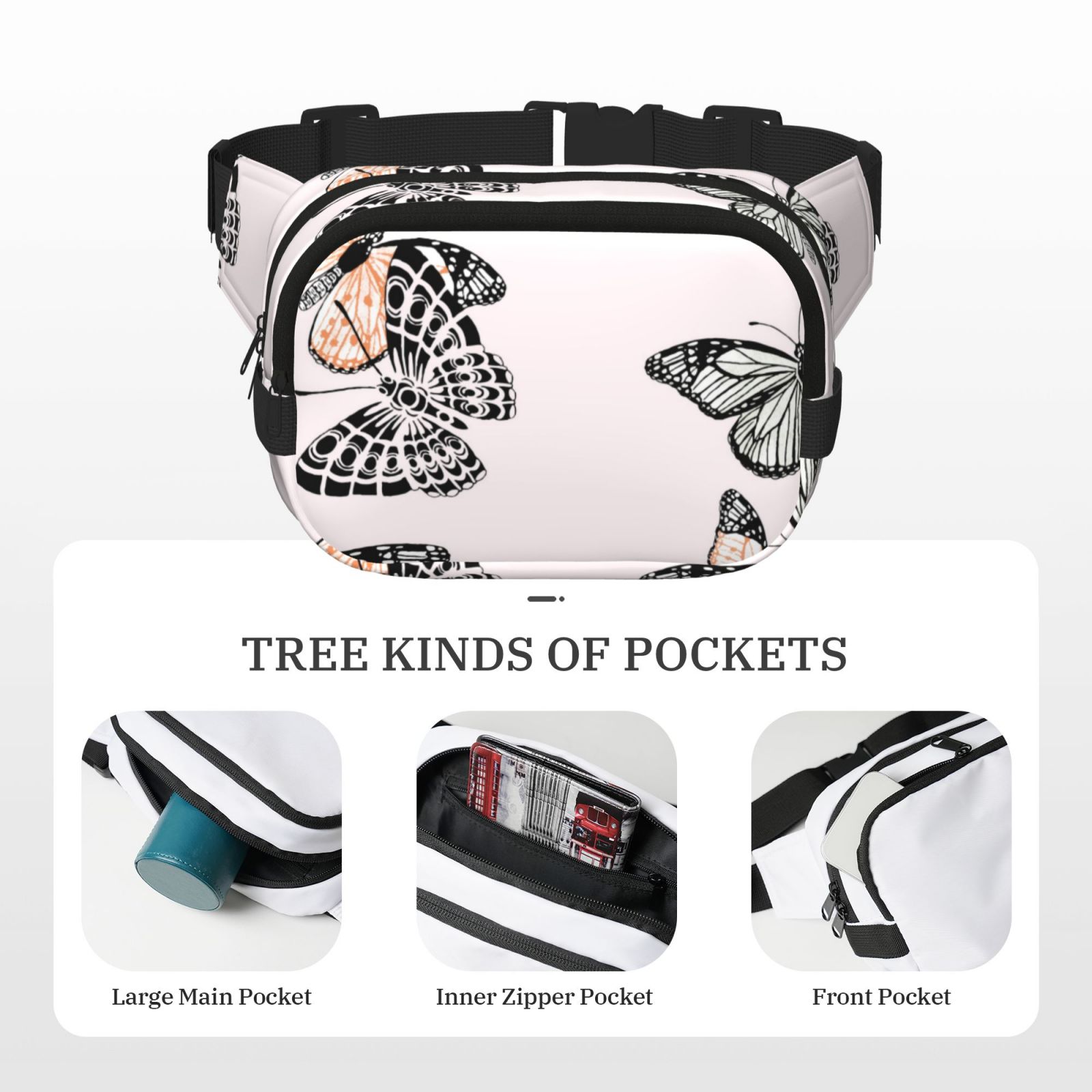 Picia Beautiful Butterfly Print Square Double-Layer Waist Bag Mini Adjustable Waist Belt Bag Exercise Running Travel Hiking