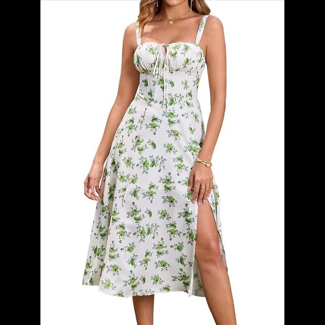Vestido Midi con Corsé, Aberturas Fluidas y Cordones para Mujer, Vestido Informal de Verano de Corte A para Fiesta de Té. Verde M