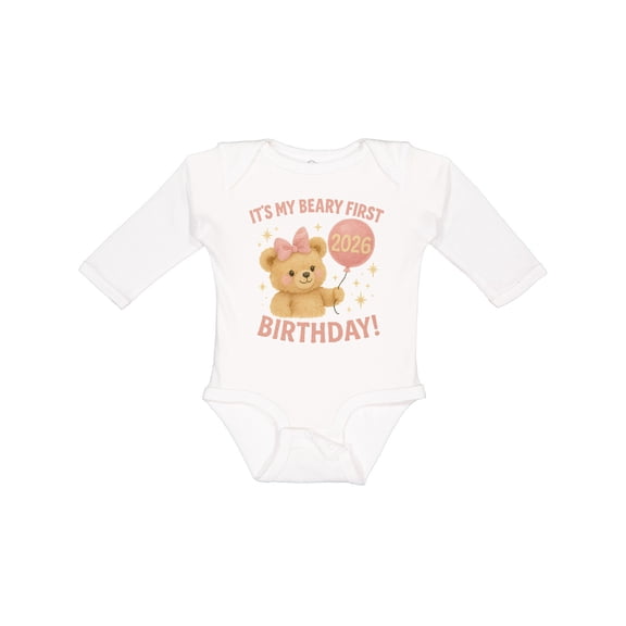 Inktastic Beary First Birthday 2026 Teddy Bear Boys or Girls Long Sleeve Baby Bodysuit