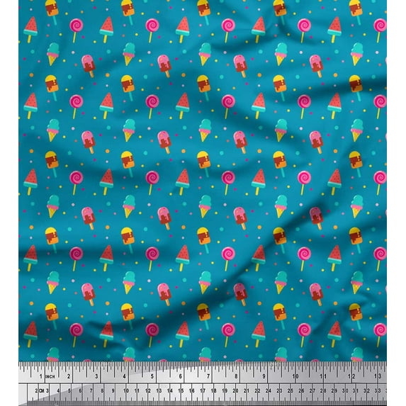 Soimoi Blue Cotton Poplin Fabric Dot & Ice Cream Pops Food Print Fabric by Yard 56 Inch Wide
