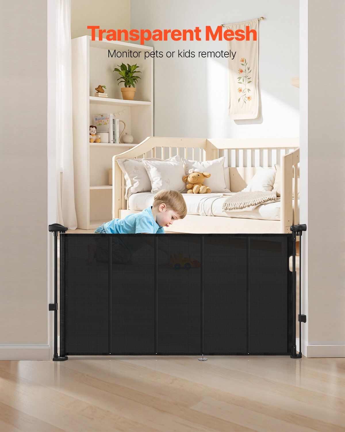 Retractable Baby Gate 34 in Tall, Extends to 55 in Wide, Adjustable Black Mesh Gate for Kids and Pets, Anti-Crawl Bottom Strip, One-Handed Operation, Durable Scratch-Resistant Mesh, Space-Saving