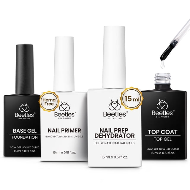 Set de capa superior y base en gel para uñas Beetles, 15 ml x 4 con imprimador