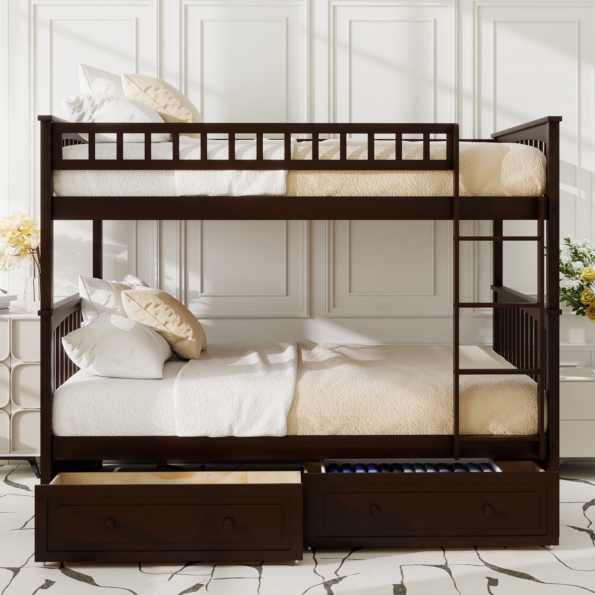Euroco Full over Full Bunk Bed with Drawers, Convertible into Two Bes, Espresso