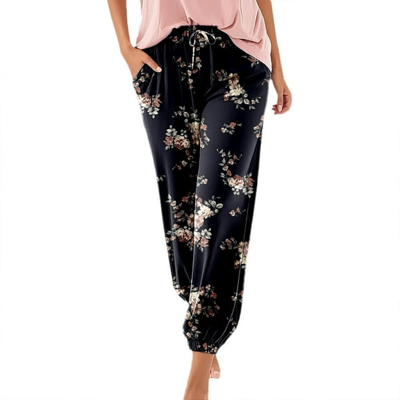 Jamsmile Womens Pants Summer Casual Floral Print Mid Waist Stretch Wide Leg Pants With Pockets Vacation Beach Lounge Pants