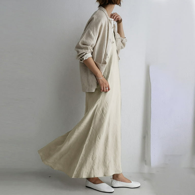 Maxi Dress for Women V Neck Spaghetti Strap Cotton Linen Slip Dress Solid  Sleeveless Casual Loose Summer Long Dress - Walmart.com