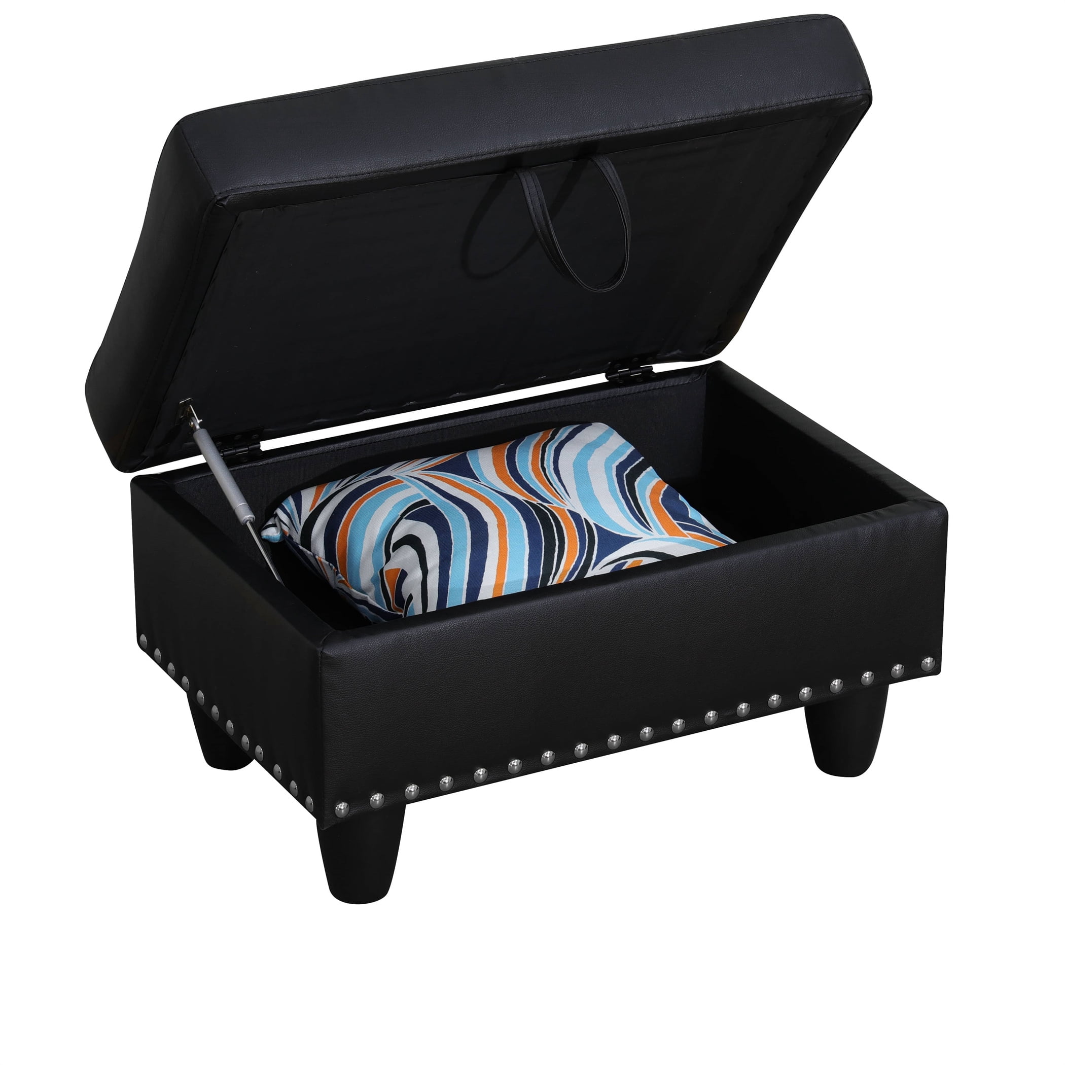 Aukfa 29" Storage Ottoman Bench for Sectional Sofa for Home Office, Nailhead Trim&Lift Top, Leather, Black