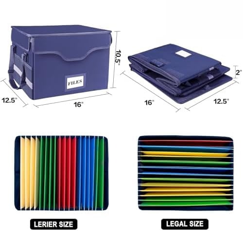 Fireproof Document Box with Lock, File Storage Organizer with Mesh Pockets, Collapsible Portable File Box Home Office Safe Filing Cabinet with Handle for Hanging Letter/Legal Folder, Blue