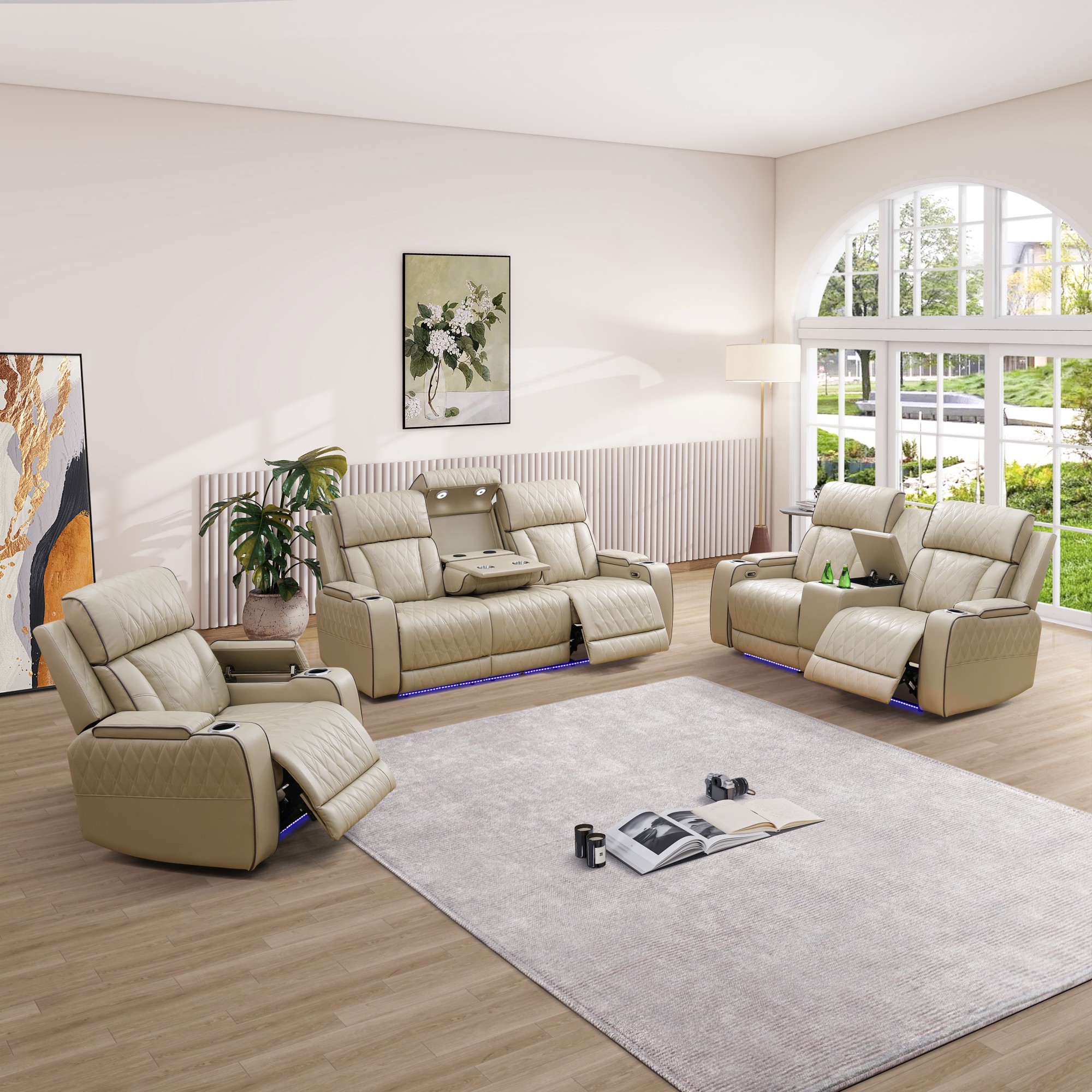 Gewnee Power Recliner Sofa Set with LED,Wireless Charging, Air Leather Living Room Furniture, Reclining Leather Sofa with Usb Ports/Cup Holders/Armrest Storage