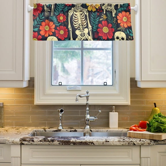 Skeleton Floral Flowers Leaves Curtain Valances Farmhouse Design Window Treatment Decor Blackout Rod Pocket for Windows Living Room Kitchen 54" x 18"