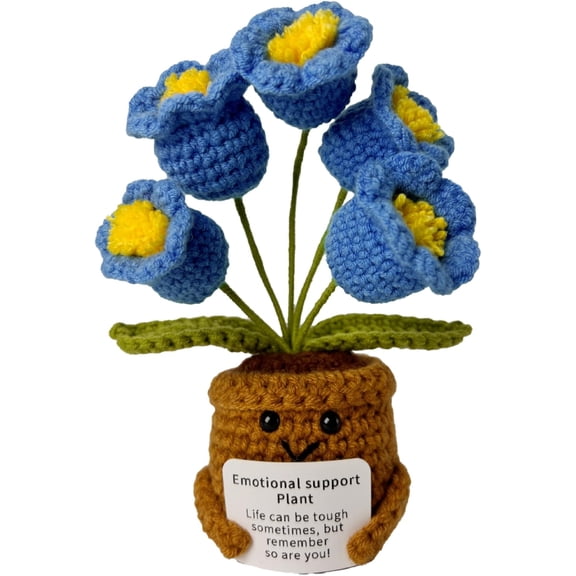 Emotional Support Crochet Flowers with Positive Card, Handmade Positive Crochet Potted Cheerful Present for Office Desk Decor, Living Room Car Decor(Blue)