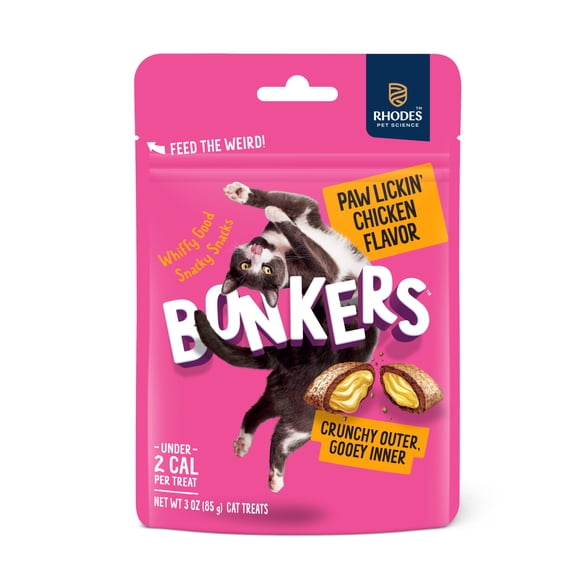 BONKERS Bites Paw Lickin' Chicken Flavor Crunchy & Soft Treats for Cats, 3oz Bag