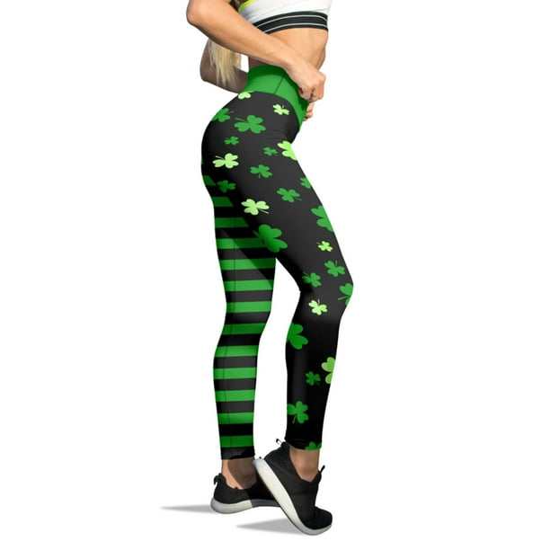 MKLEKYY Ropa deportiva para mujer, pantalones ajustados con estampado de rayas verdes de buena suerte para yoga, correr y gimnasio