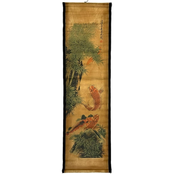 shiyou-Wall Art Poster Prints Paintings, Hanging Paper Scroll Decor Asia Vintage Aesthetic,for Office Restaurant Bamboo Summer Koi Fish (D2)