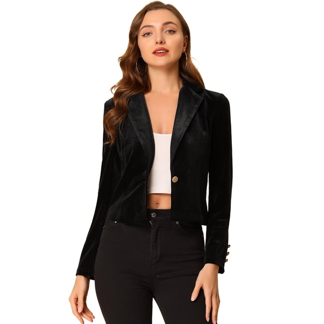 INSPIRE CHIC Chaqueta De Traje De Oficina De Negocios Con Solapa Y 1 Botón De Terciopelo Para Mujer Negro XS