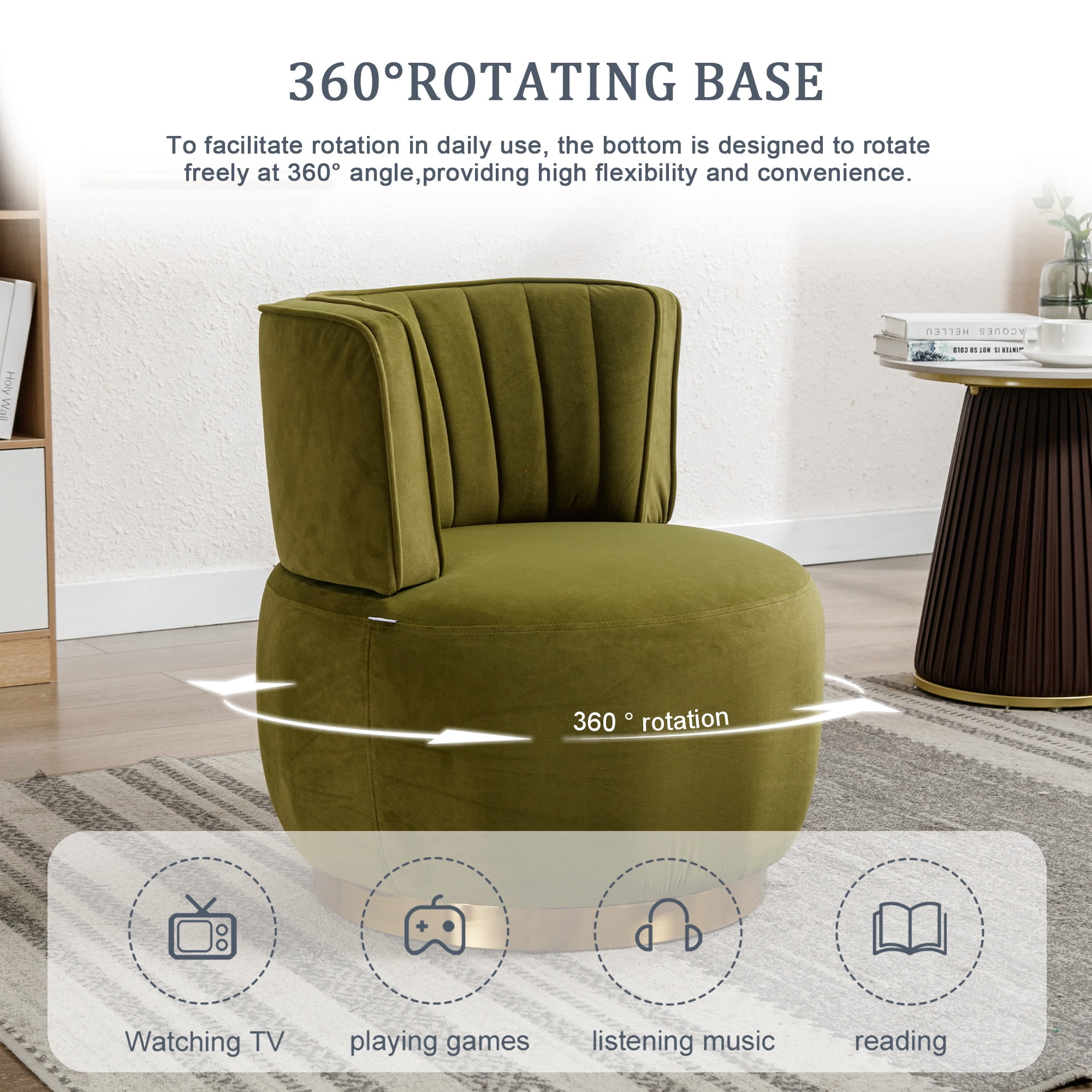 MOONMISS Velvet Upholstered 360 Degree Swivel Armless Round Barrel Chairs for Living Room-Olive Green
