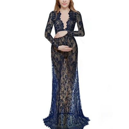 

Women Plus Size Lace Sheer Maternity Gown Maxi Dress