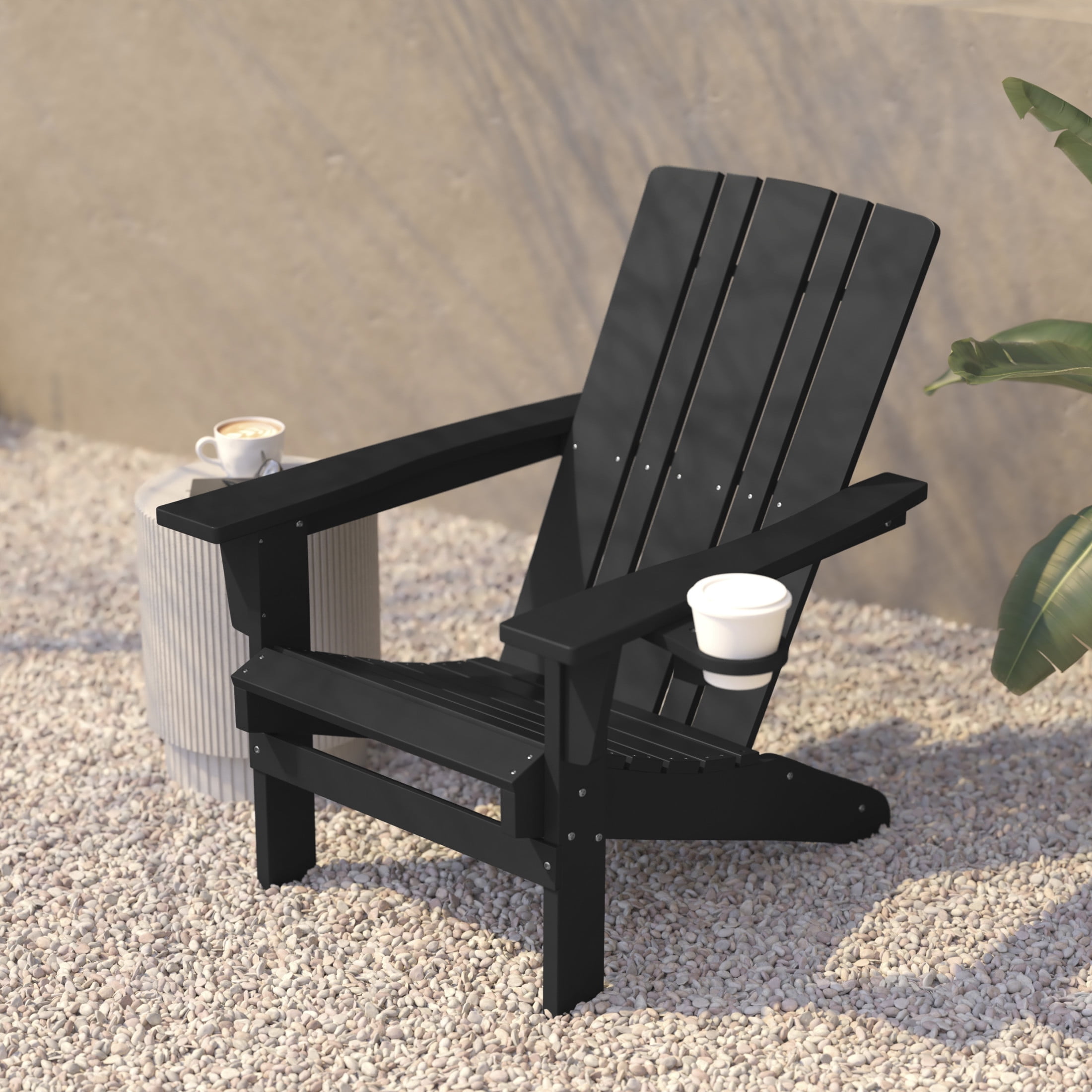 BizChair Adirondack Chair with Cup Holder, Weather Resistant HDPE Adirondack Chair in Black