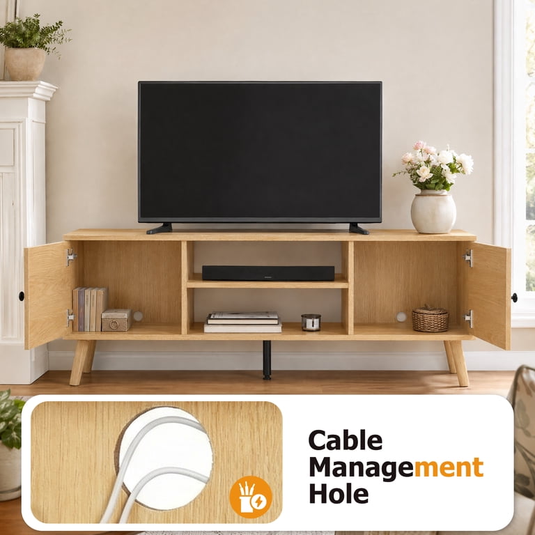 EDX Retro-Modern TV Stand with Soft-Close Cabinets, Natural Wood photo 5