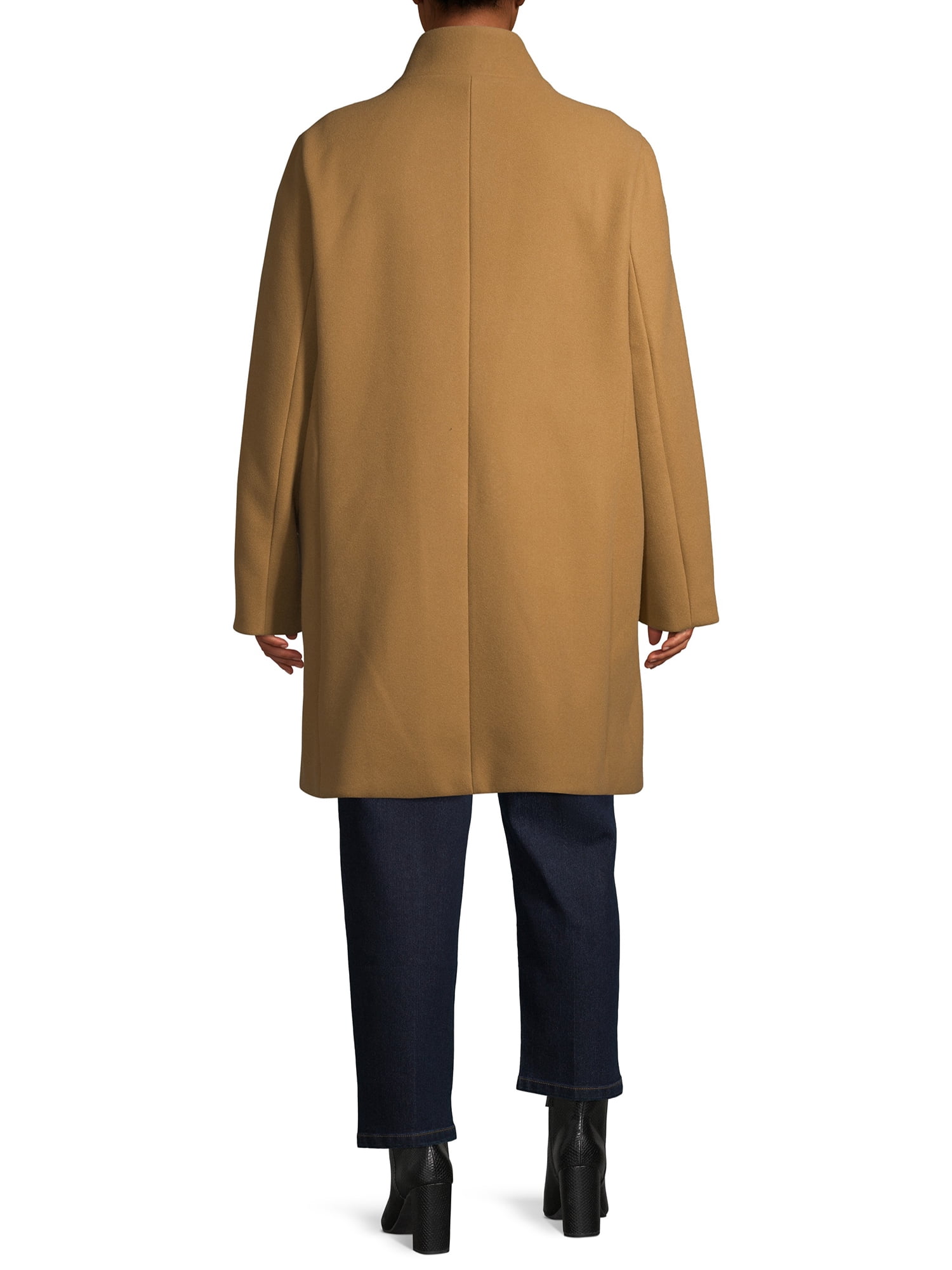 Time and Tru Women's Plus Size Faux Wool Funnel Neck Coat