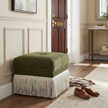Dayalane 22" Green Chenille Square Ottoman for Bedroom End of Bed, Mid-Century Fringe Ottoman Footrest for Living Room, Entryway, Window Side Bench