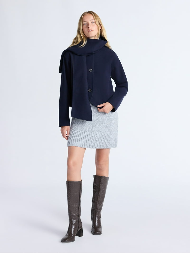 Free Assembly Women's Faux Wool Jacket with Scarf, Sizes XS