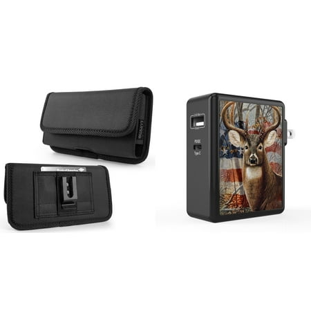 

Pouch and Wall Charger Bundle for Nothing Phone 1: Horizontal Rugged Nylon Belt Holster Case (Black) and 45W Dual USB Port PD Power Delivery Type-C and USB-A Power Adapter (American Deer Camo)