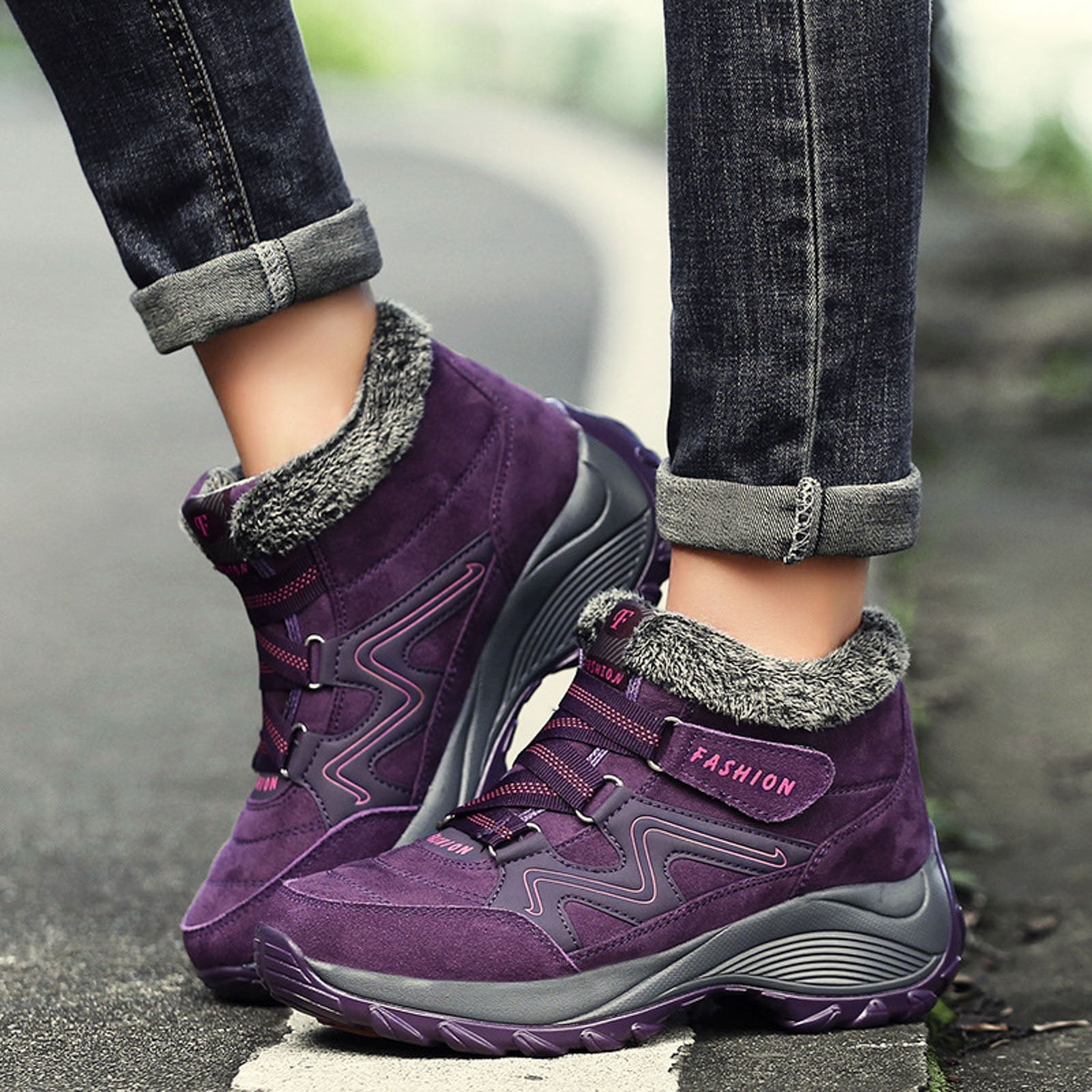 CAICJ98 Womans Winter Boots Warm Lined Waterproof Ankle Booties Outdoor Hiking Shoes Winter Boots for Women (Purple,Size 9)