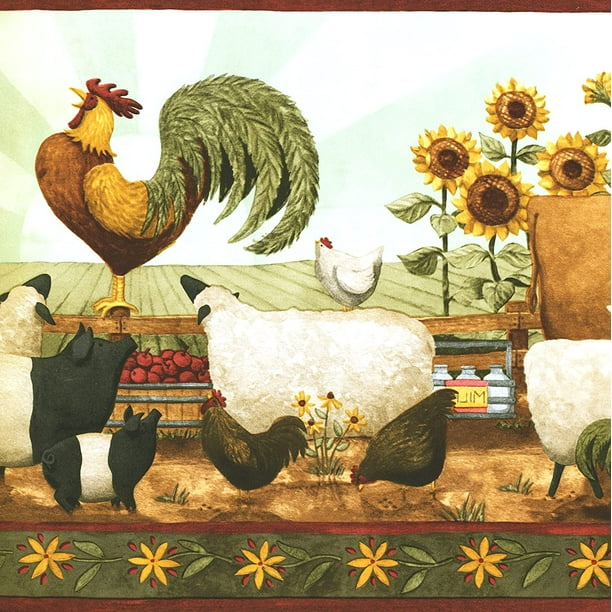 Concord Wallcoverings Wallpaper Border Animals Sunflowers Sheep Rooster  Chicken Farm for Kitchen Dining Area Cottage Farmhouse, Green Red White  Yellow, 10.5 Inches by 15 Feet KR2533B - Walmart.ca