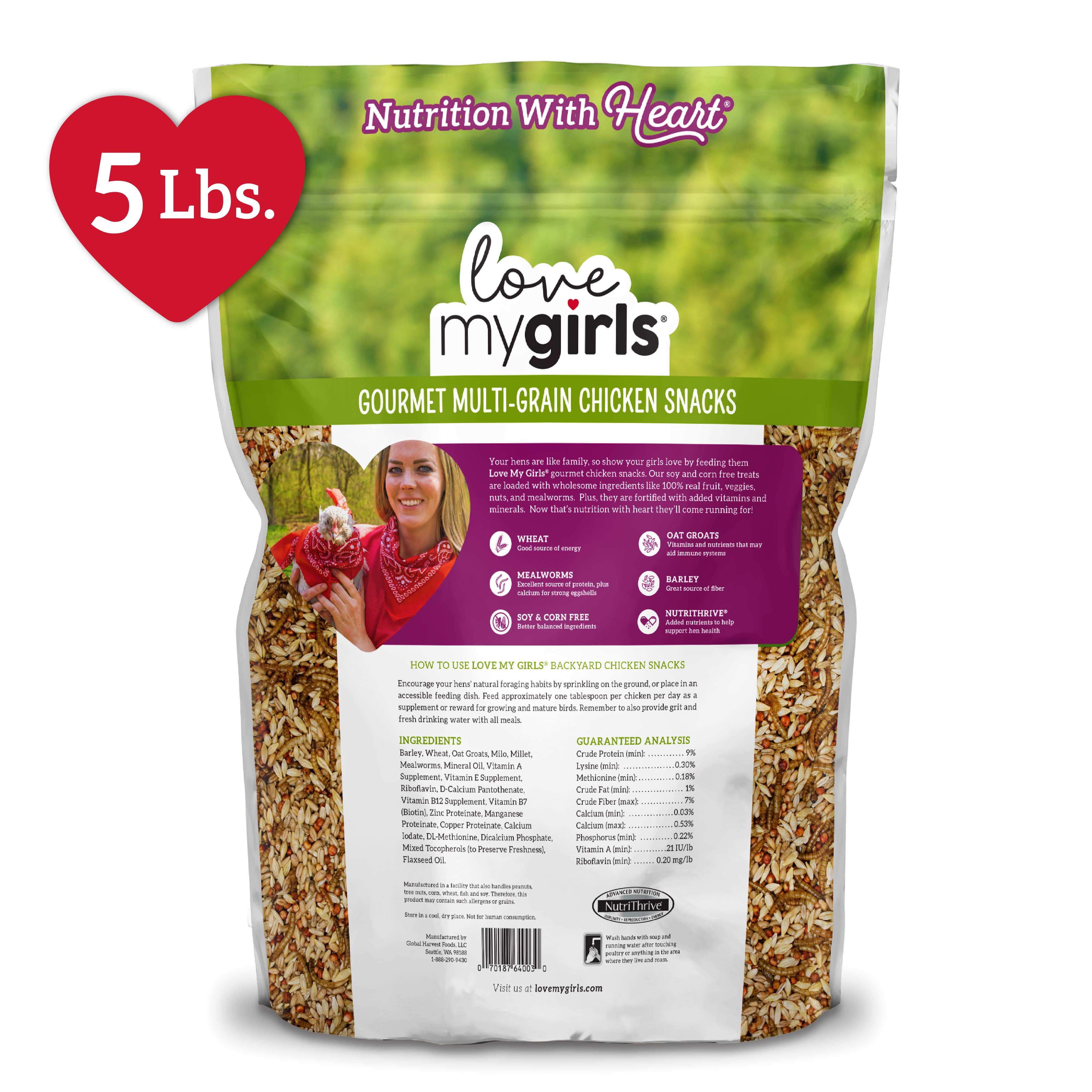 (4 pack) Love My Girls 5-Grain & Worms Gourmet Chicken Treats, 5 lb. Bag, 1-Pack