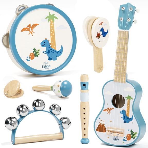 Kid Guitar Set, Musical Instruments for Kids, 7 in 1 Dinosaur Music Toys, Band Sets with Ukulele Flute Tambourine Maracas... Montessori Toys for Kids 2 Year Old Boy, Education Preschool Toys Gift