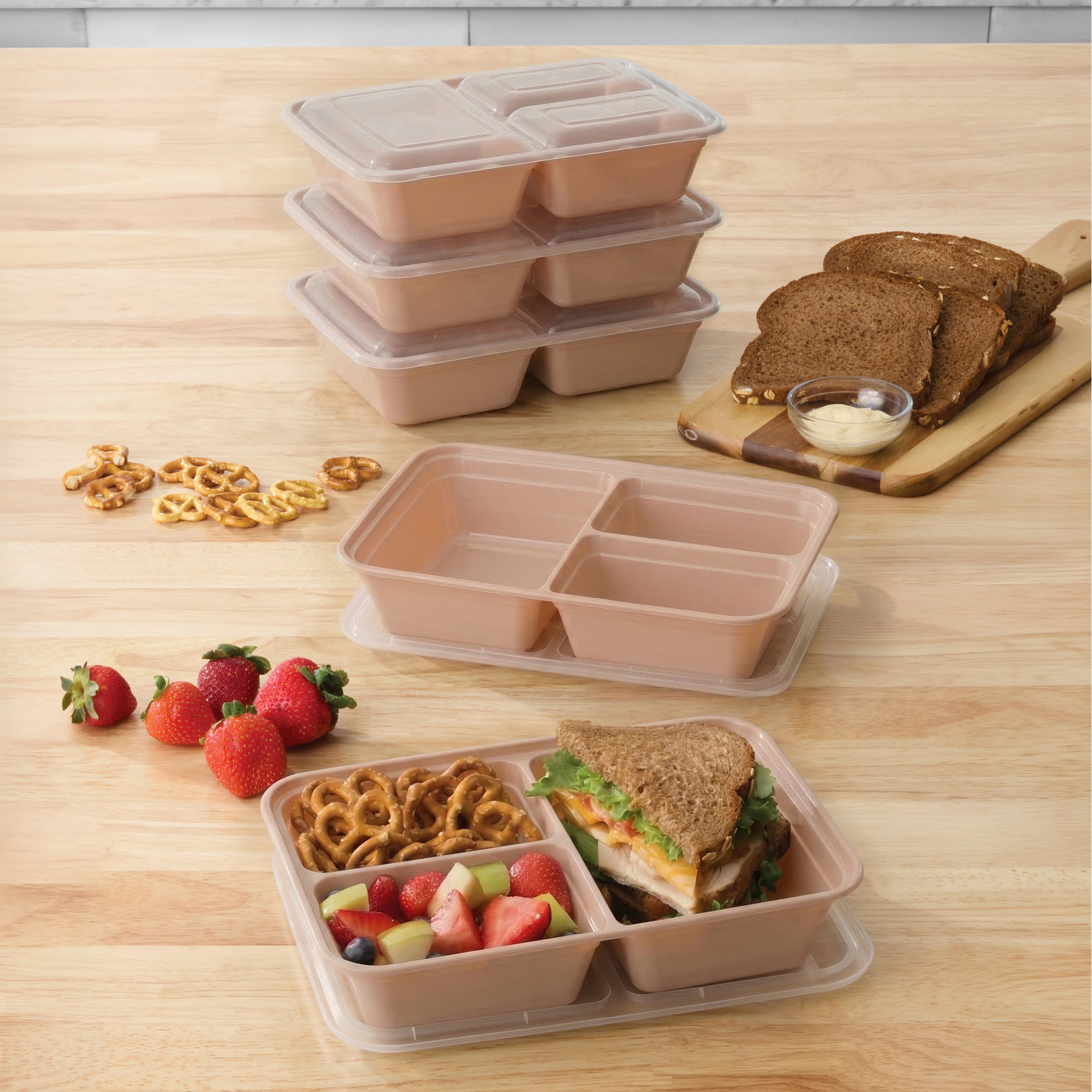 Mainstays 5-Pack 3-Compartment BPA-Free Plastic Meal Prep Food Storage Containers, 1.2L, Pink Blush