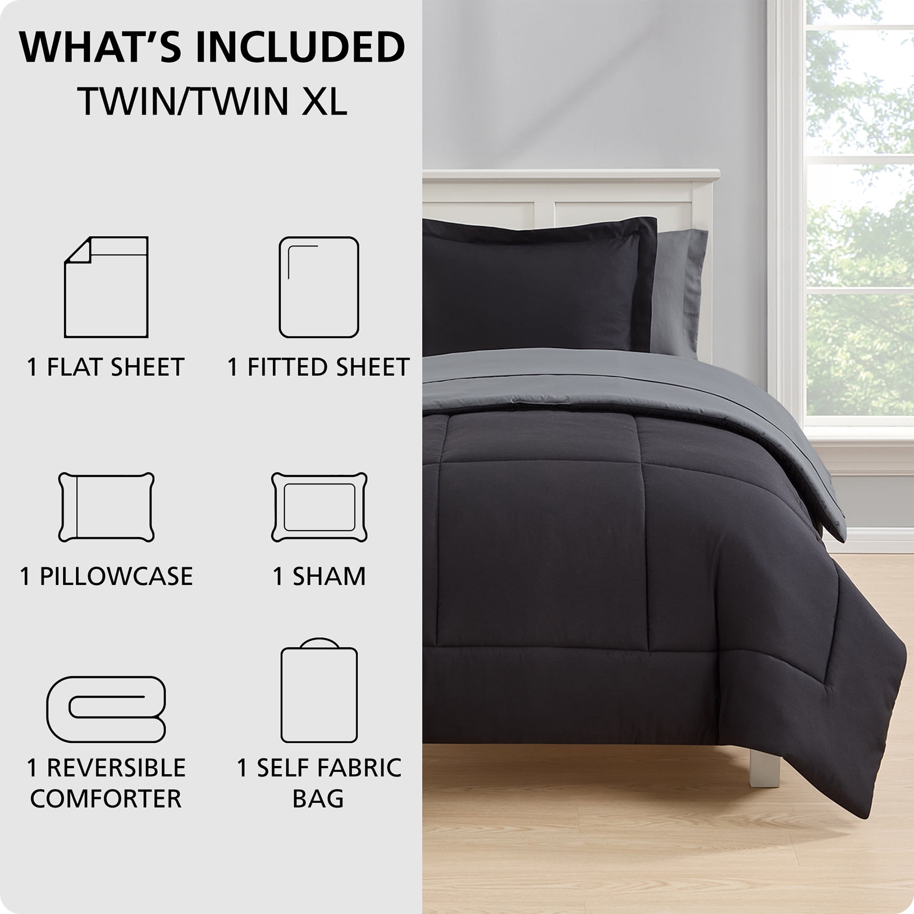 Mainstays 5-Piece All-in-One Reversible Comforter and Sheet Set, Twin/Twin XL, Black