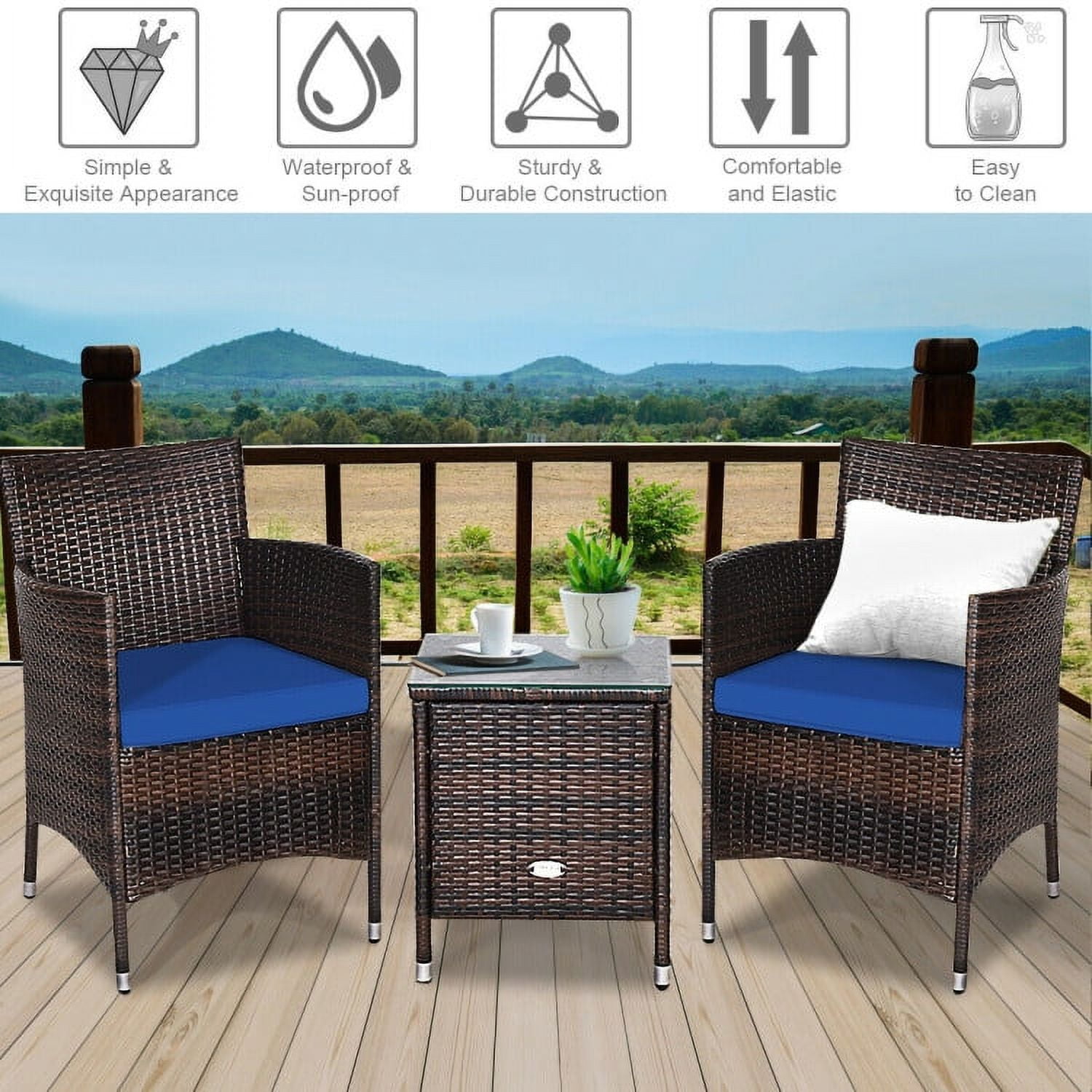 Aimee Lii 3 Piece Wicker Patio Furniture Set, Wicker Outdoor Sectional with Washable and Removable Cushion for Patio, Navy