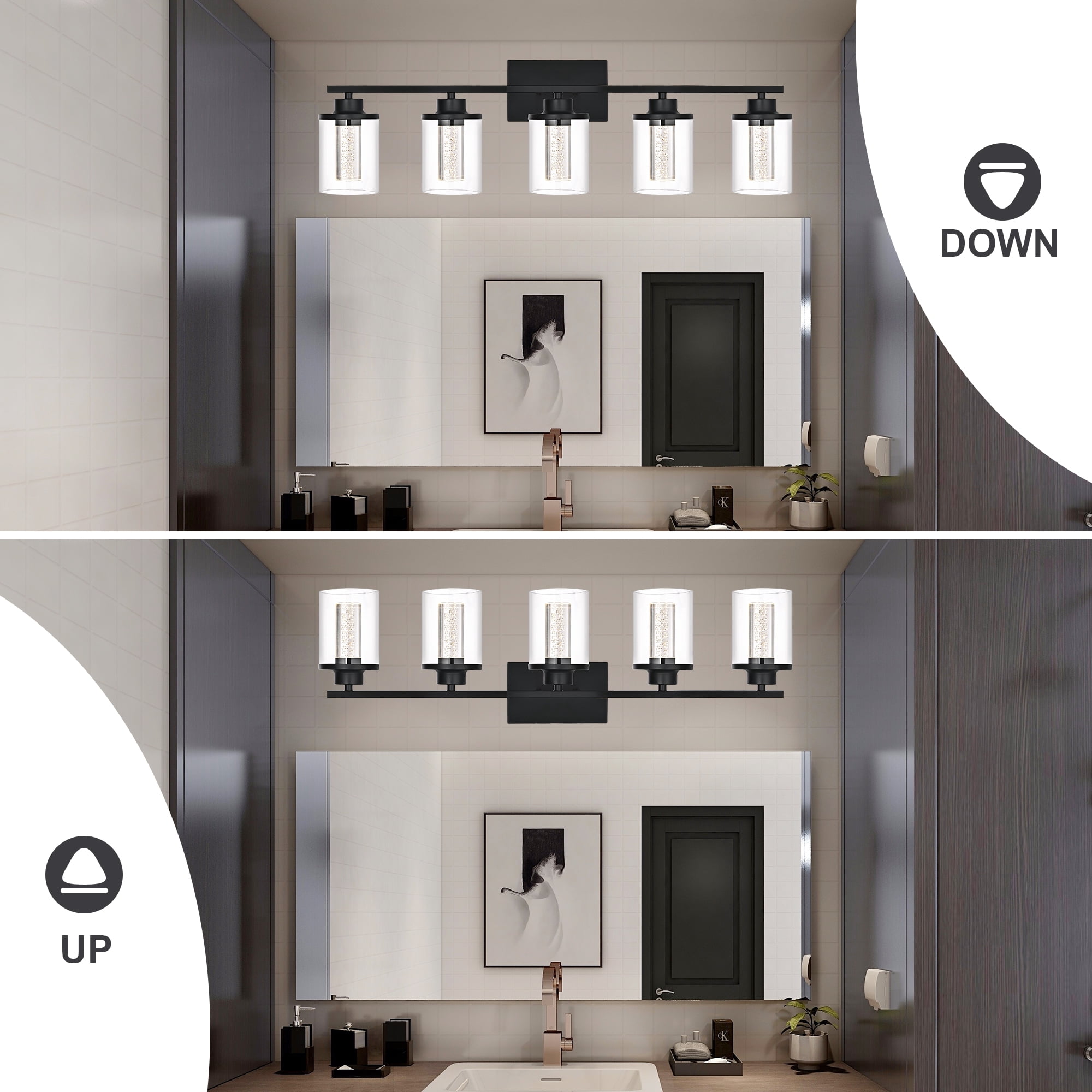 Melucee 5CCT Dimmable LED Black Vanity Lights 5-light, Modern Vanity Lighting Fixtures with Crystal Light Columns and Clear Glass for Bathroom Bedroom