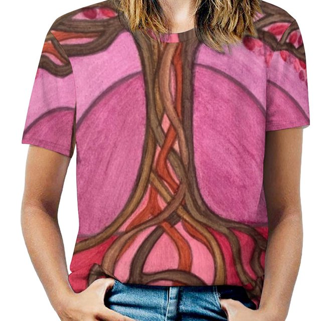 Tree Of Life Ruffle Short Sleeve T-Shirt Women'S Print Fashion Casual T Shirts For Girl Gift Tree Of Life Colorful Tree Pink