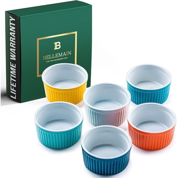 Bellemain 4 oz Porcelain Mini Bowls | Ramekins, Custard Cups, Mini Cheesecake Pans, Small Baking Dish, Dipping Sauce Bowls, Small Casserole Dishes, Ramekins Oven Safe to 500F, Set of 6 (Multi)