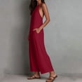 thumbnail image 4 of Women's Solid‑Color Spaghetti Strap Wide‑Leg Jumpsuit Front Tie V‑Neck Back Zipper Loose‑Fit One‑Piece Pants with Side Pockets Wine XL(XL), 4 of 9