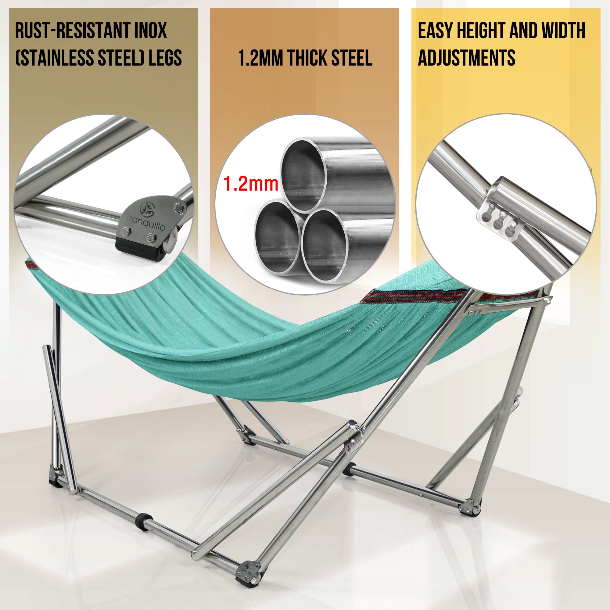 Tranquillo Double Hammock with Stand 600lb Capacity Stainless Steel Double Hammock with Spreader Bar/Sturdy Flexible Hammock Stand Portable, Outdoor Indoor, Sky